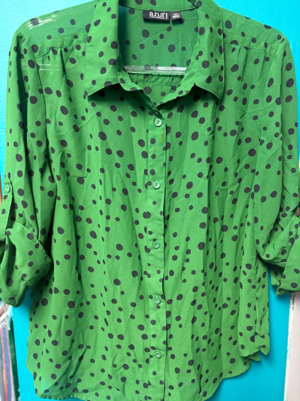 a.n.a Green Blouse with Black Polka Dots
